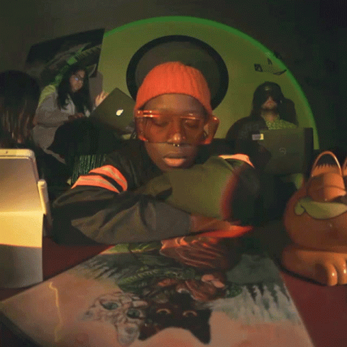 A Person Wearing An Orange Beanie Is Sitting At A Table With A Dell Laptop On It GIF