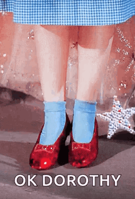 A Person Wearing Blue Socks And Red Shoes With The Words Ok Dorothy Written On The Bottom . GIF