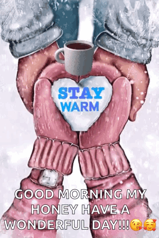 A Person Wearing Pink Mittens Is Holding A Cup Of Coffee . GIF