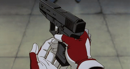 A Person Wearing Red And White Gloves Is Holding A Gun With The Letter E On It GIF