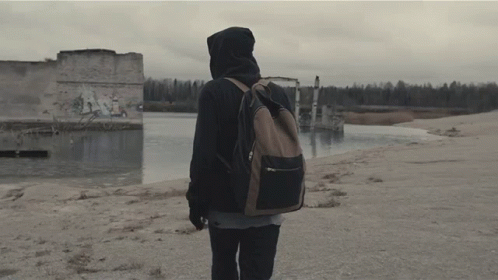 A Person With A Backpack Is Walking On A Beach Near A Body Of Water GIF