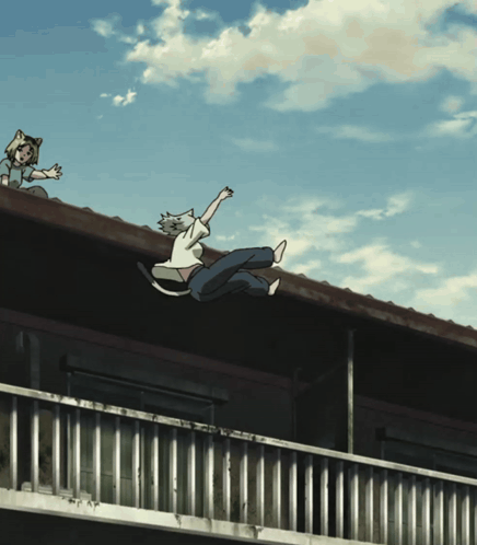 A Person With A Cat 'S Head Is Falling Off The Roof GIF