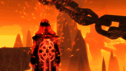 A Person With A Celtic Cross On Their Back Stands In A Burning Area GIF