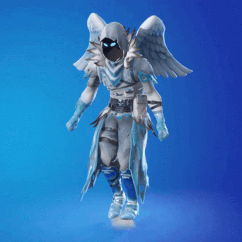 A Person With A Hood And Wings Is Standing On A Blue Background GIF