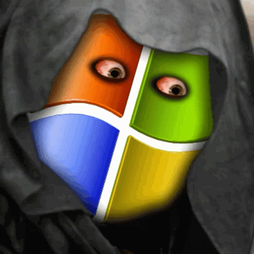 A Person With A Hood On Their Head Has A Microsoft Logo On Their Face GIF