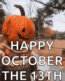 A Person With A Pumpkin On Their Head Is Walking Down A Street . GIF
