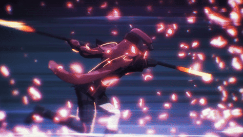 A Person With A Red Cape Is Holding A Sword In A Dark Room GIF