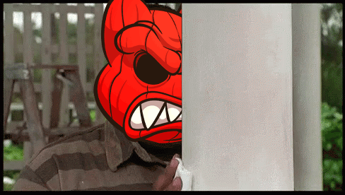 A Person With A Red Mask On Their Face Is Peeking Behind A White Pole GIF