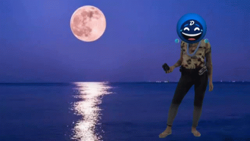 a person with a smiley face on their head is standing in front of a full moon with the words just hold and dance below t