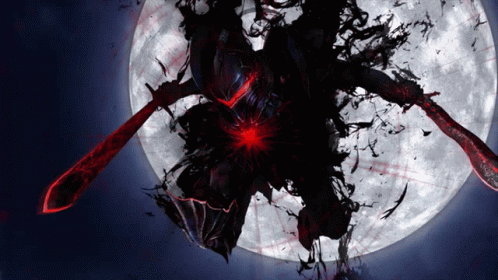 A Person With A Sword In Front Of A Full Moon In The Dark GIF