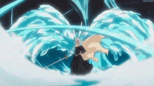 A Person With A Sword In Their Hand Is Surrounded By Blue Water GIF