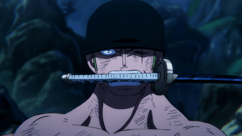 A Person With A Sword In Their Mouth And A Blue Eye GIF