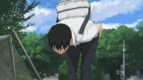 A Person With A White Bag On Their Back Bending Over GIF