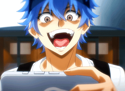Person With Blue Hair Holding Tablet With Mouth Wide Open GIF