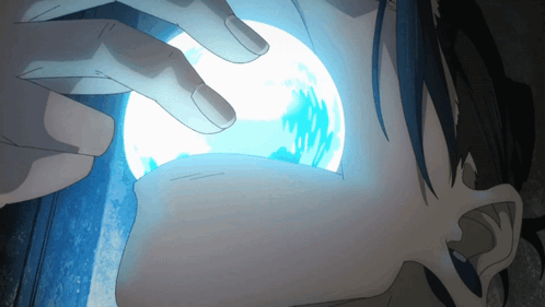 A Person With Blue Hair Is Looking At A Blue Ball GIF