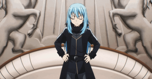 A Person With Blue Hair Is Standing With Their Hands On Their Hips In Front Of A Statue Of A Horse GIF