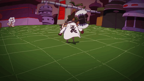 A Person With Chinese Writing On Their Back Holding A Large Axe GIF