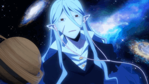 A Person With Long Blue Hair Is Holding A Planet In Their Hand GIF