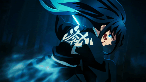 A Person With Long Blue Hair Is Holding A Sword In A Dark Forest GIF