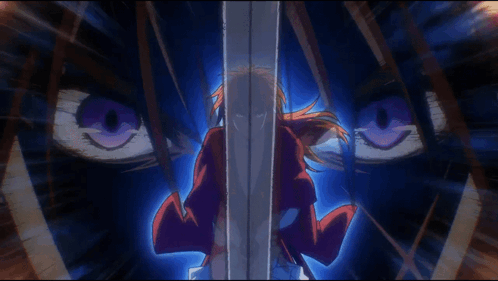 A Person With Purple Eyes Is Holding A Sword In A Dark Room GIF