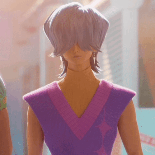 A Person With Purple Hair And A Purple Top GIF