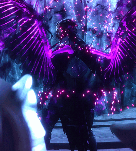 A Person With Purple Wings Is Standing In Front Of A Blue Background GIF