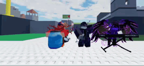 A Person With Purple Wings Is Standing Next To A Person With A Blue Bucket In A Video Game . GIF