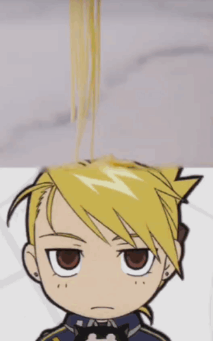 A Person With Red Nails Is Holding A Pile Of Noodles Over A Cartoon Character 'S Head GIF