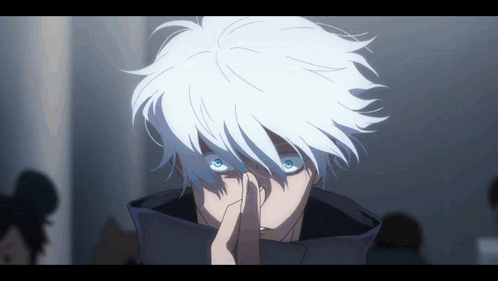 A Person With White Hair And Blue Eyes Is Covering Their Face With Their Hand GIF