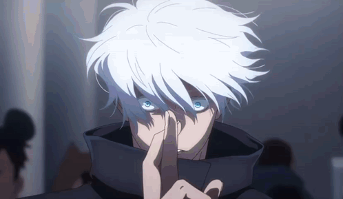 A Person With White Hair And Blue Eyes Is Holding Their Finger To Their Nose . GIF