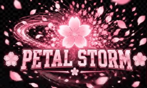 A Petal Storm Logo With A Cherry Blossom In The Background GIF