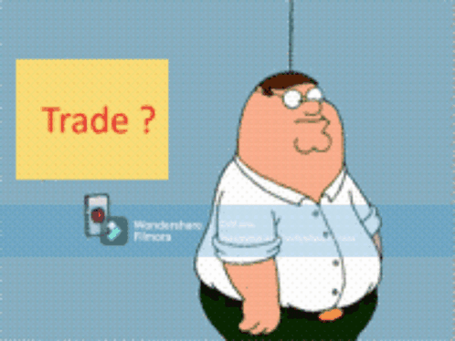 A Peter Griffin Cartoon Character Is Standing In Front Of A Sign That Says Trade GIF