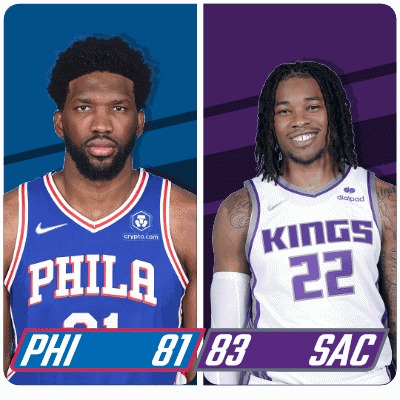 A Philadelphia Basketball Player And A Kings Basketball Player Are Standing Next To Each Other GIF