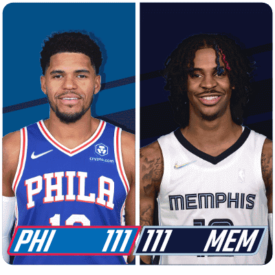 A Philadelphia Basketball Player And A Memphis Basketball Player Standing Next To Each Other GIF