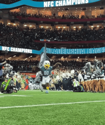 A Philadelphia Eagles Mascot Holds A Flag On A Football Field GIF