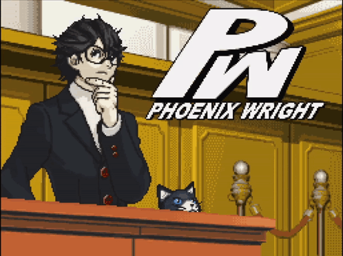 A Phoenix Wright Poster With A Man And A Cat On It GIF
