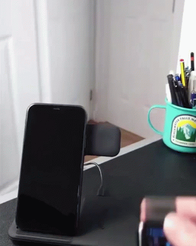 A Phone Sitting On A Desk Next To A Mug That Says Rainwater Valley National Park GIF