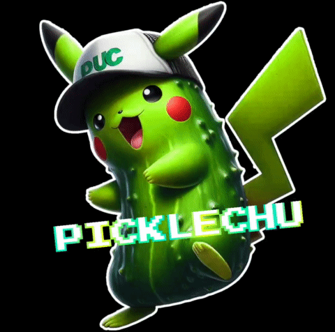 A Pickle Shaped Pikachu Wearing A Hat That Says Duc GIF