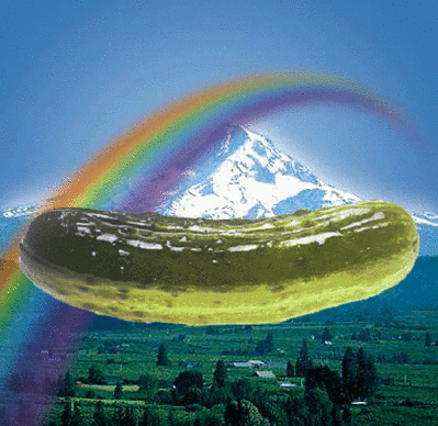 A Pickle With A Mountain And Rainbow In The Background GIF