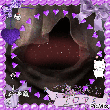 A Picture Frame With Purple Hearts And The Word Love On The Bottom GIF
