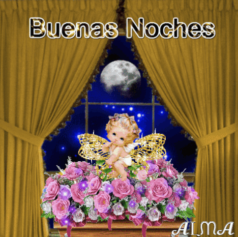 A Picture Of A Baby Angel Sitting In A Vase Of Flowers With The Words Buenas Noches GIF