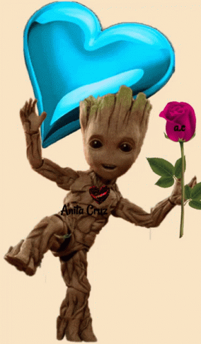 Baby Groot Holding Rose And Blue Heart GIF