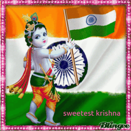 A Picture Of A Baby Krishna Holding A Flag With The Words Sweetest Krishna Below It GIF