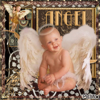 A Picture Of A Baby With Angel Wings And The Word Angel Written In Gold GIF