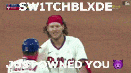 a picture of a baseball player with the words switchblade just owned you above him