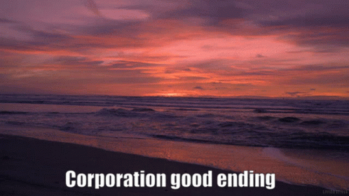 a picture of a beach with the words corporation good ending