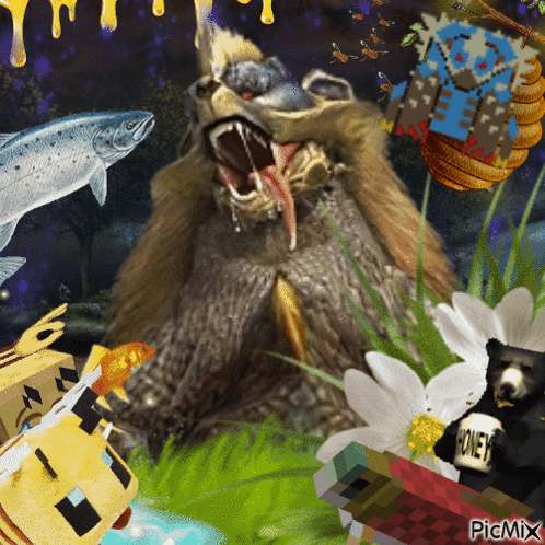 A Picture Of A Bear Surrounded By Fish And Flowers Has The Word Picmix On The Bottom GIF