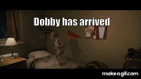 A Picture Of A Bedroom With The Words Dobby Has Arrived Above A Bed GIF