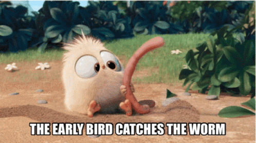 A Picture Of A Bird Catching A Worm With A Caption Saying The Early Bird Catches The Worm GIF
