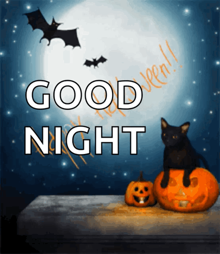 A Picture Of A Black Cat Sitting On A Pumpkin With The Words Good Night Written Above It GIF